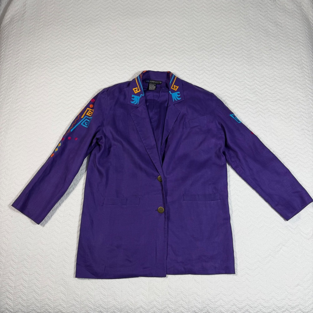Vtg IB Diffusion 100% Linen Blazer 14 Purple Embroidered Southwestern Boho 90s